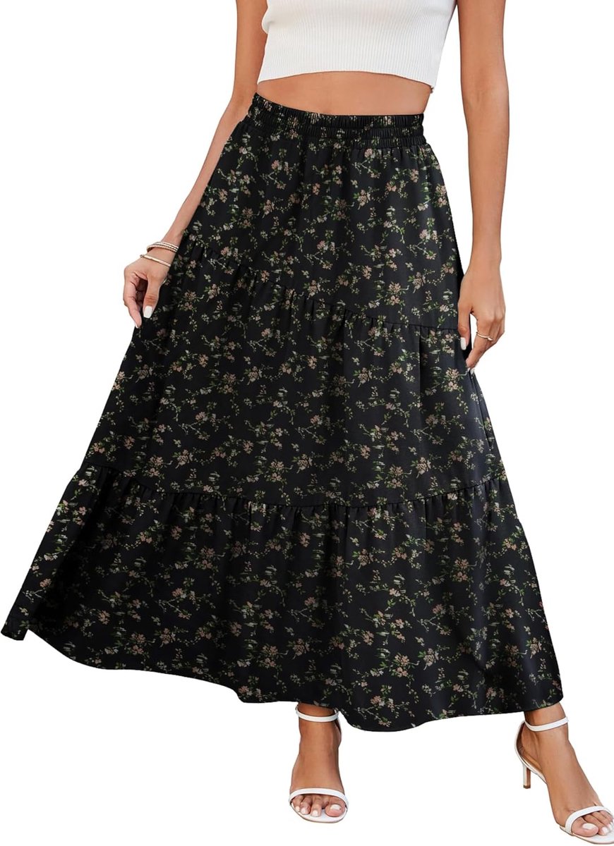 Lange damesrok met zakken, maxi-rok, hoge elastische taille, zomer, A-lijn, effen, flowy zomerrok, casual, elegant, bloemen, plisseerrok, strandrok, plooirok
