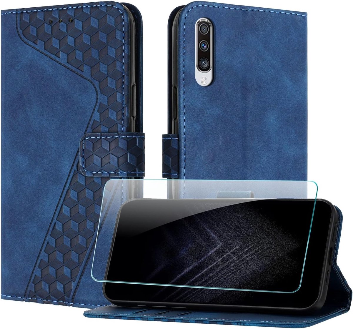 Telefoonhoesje voor Samsung Galaxy A70 met Schermbeschermer, PU Flip wallet Hoesje met Kaartenvakken en Horizontale Standfunctie Magneet voor Galaxy A70 (Blauw)