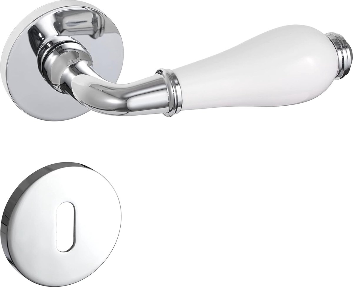 Antieke deurklinkset BB Buntbart | Vintage deurklinken voor binnendeuren in zilver chroom wit | deurgarnituur kamerdeur met ronde rozet garnituur van zink en keramiek inzetstuk deurbeslag