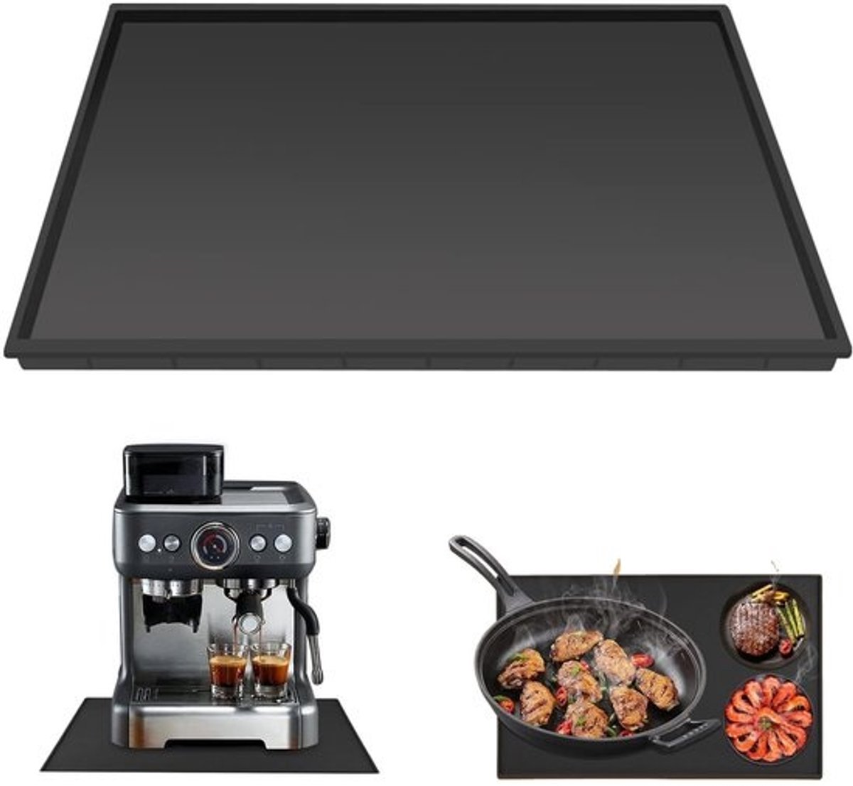 Silicone Onderlegger - Mat Koffiezetapparaat - Aanrecht Beschermen - Verhoogde Rand - 48 x 30 cm - Zwart