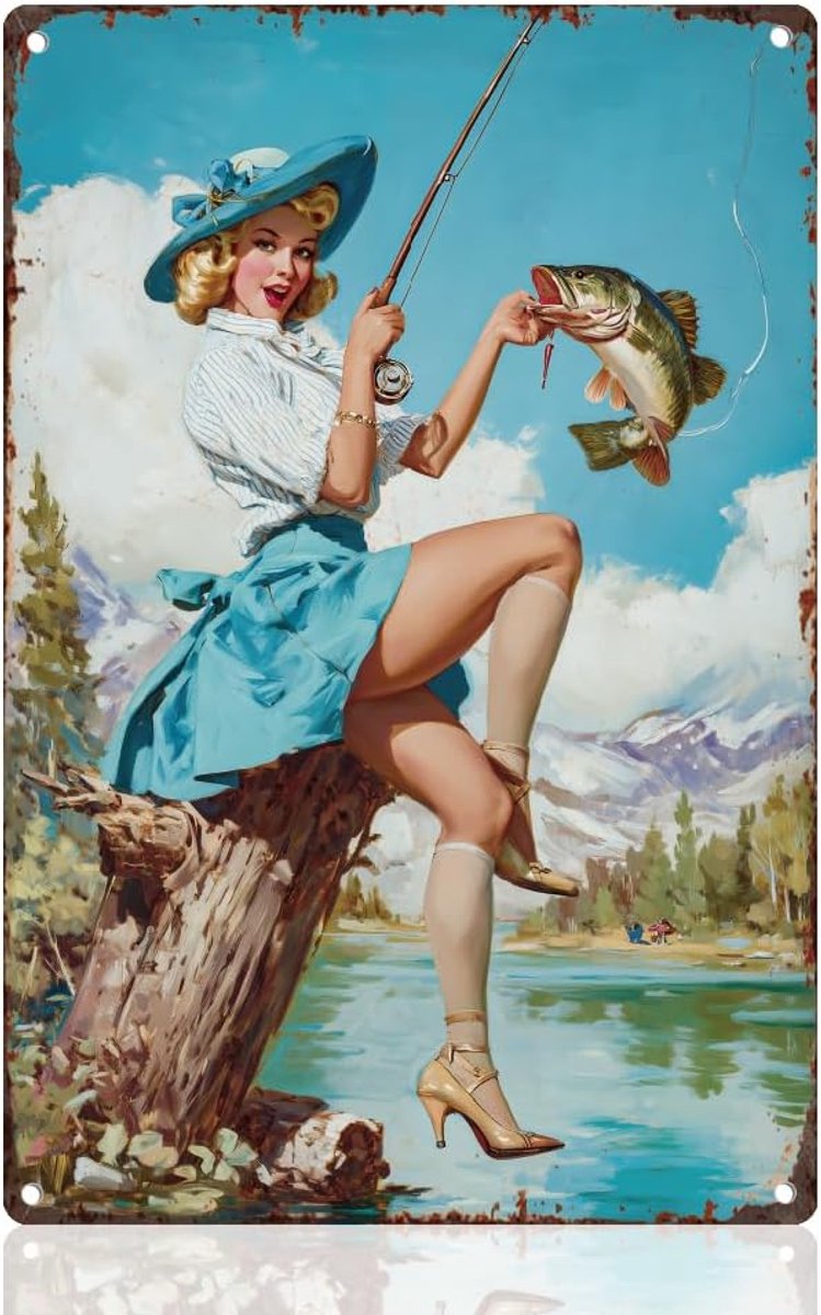 vissen pin-up vrouw metalen tinnen bord muur decor 30 x 20