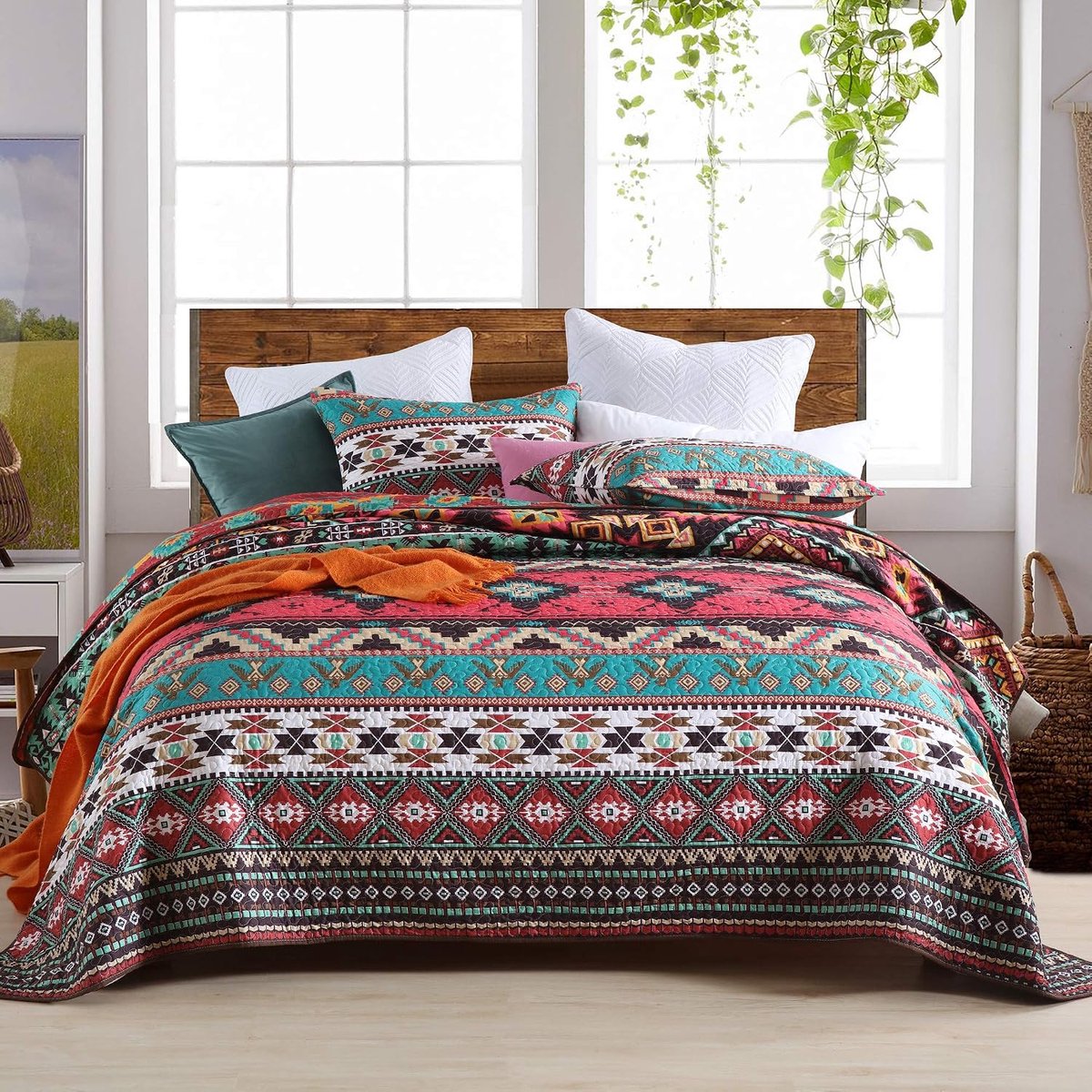 Sprei 220x240, omkeerbaar A/B-zijde bedsprei set met 2 kussenslopen 50x75cm voor tweepersoonsbed, Indische tweepersoonsbed bedsprei sofa oversprei woonsprei (Kleurrijk-3, 220x240cm)