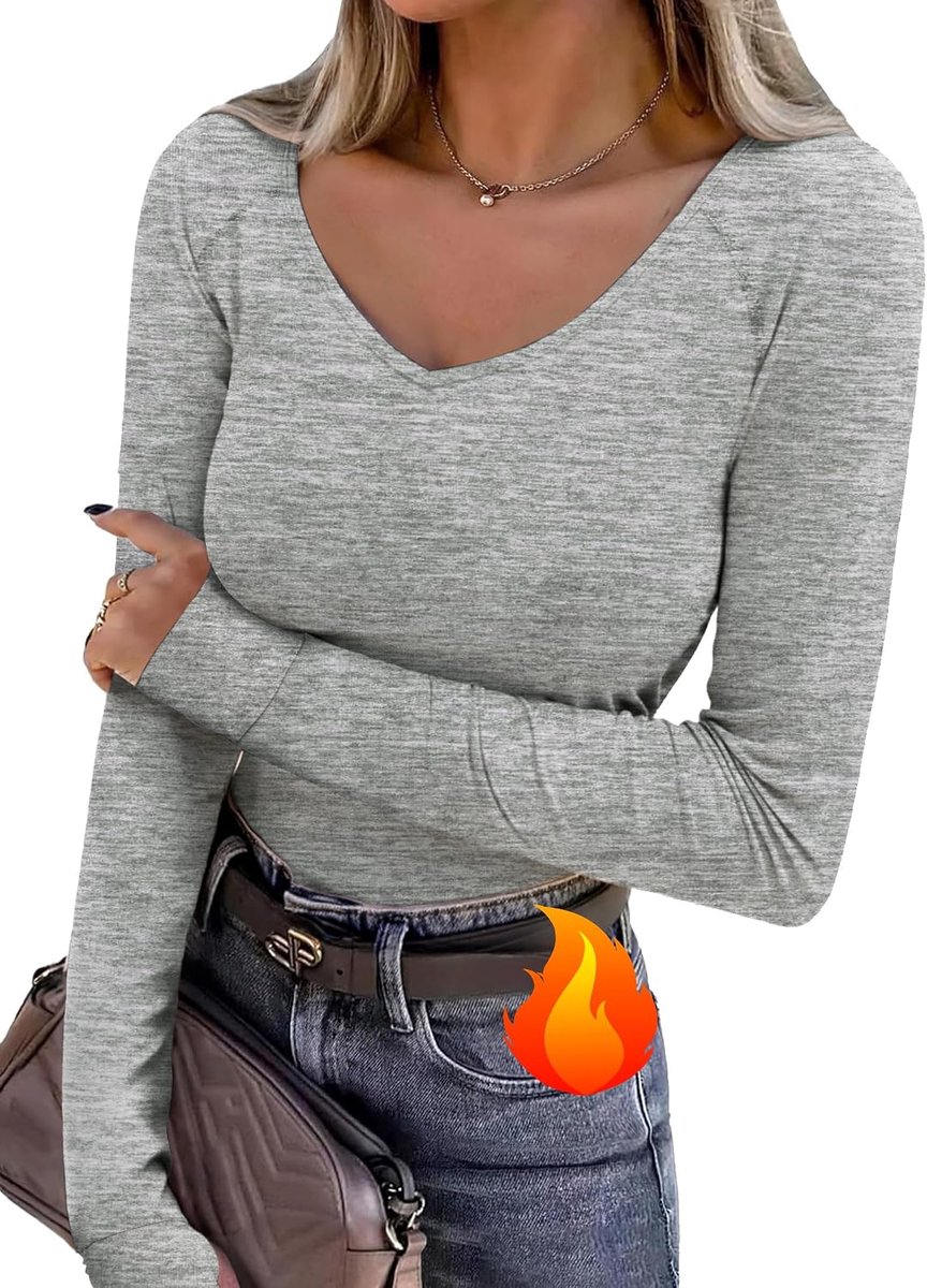Thermisch T-shirt voor dames, lange mouwen, V-hals, elastisch, met duimgaten, sporttop voor de winter, voor hardlopen en fitness