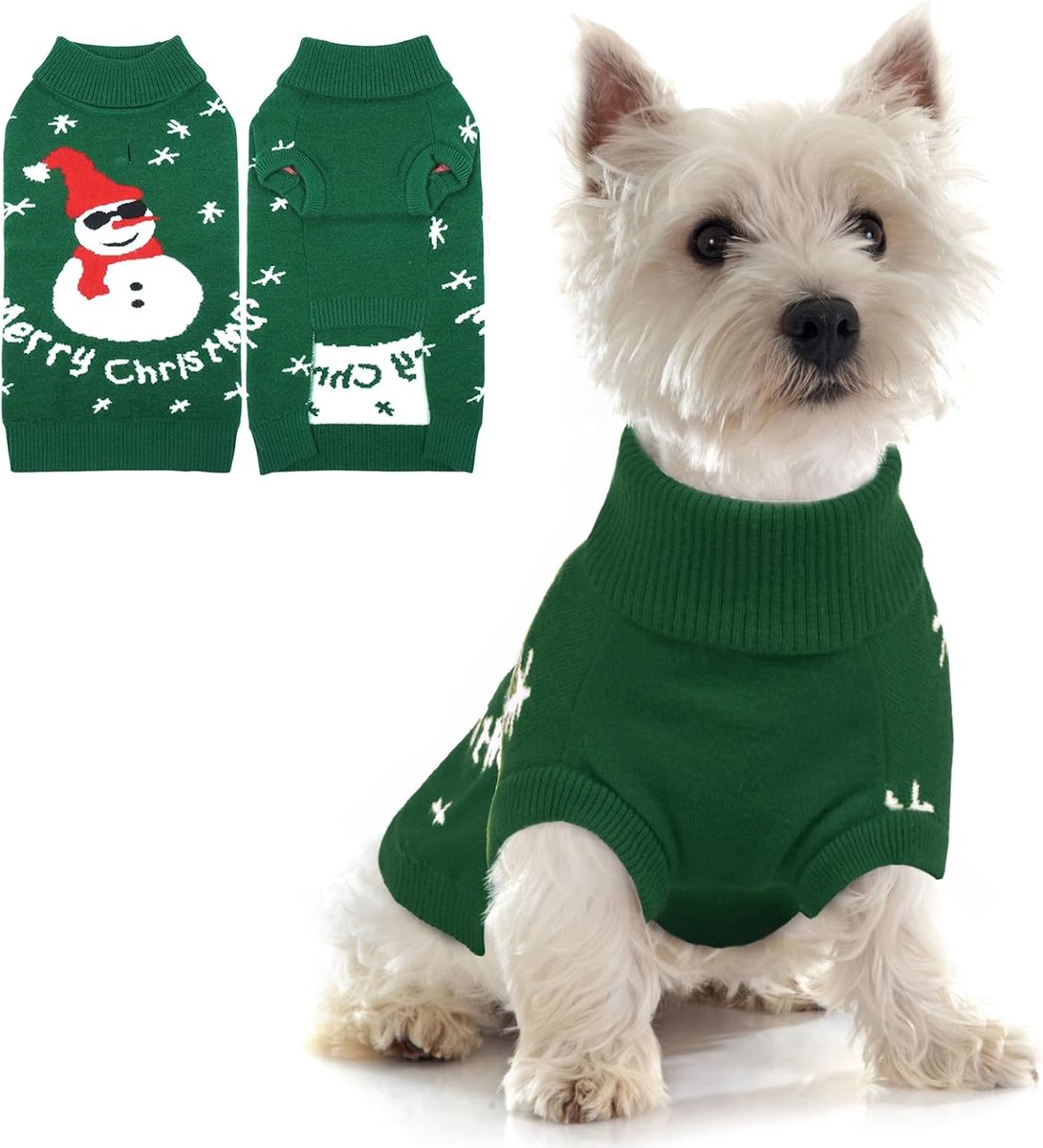 Kersttrui voor honden, knusse sneeuwpoptrui, kleine, warme wintertrui met harnasgat voor Pommeren, mini-teckel, groen, S