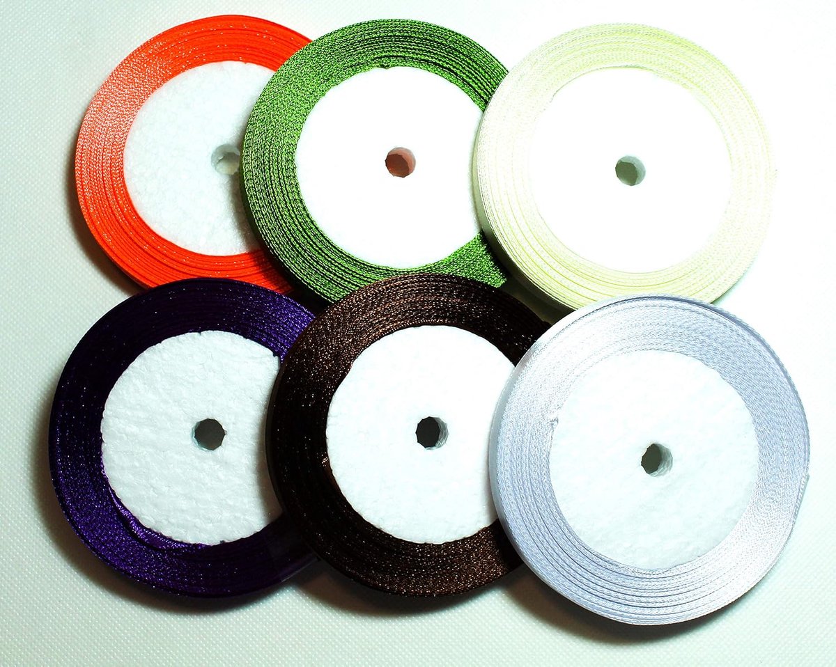 Set van 6 rollen van 22 m 10 mm satijnen lint 1 cm in verschillende kleuren lint cadeaulint decoratieset decoratie: Neon-Oranje Olive Groen Beige-Ecru+Lila Bruin Wit