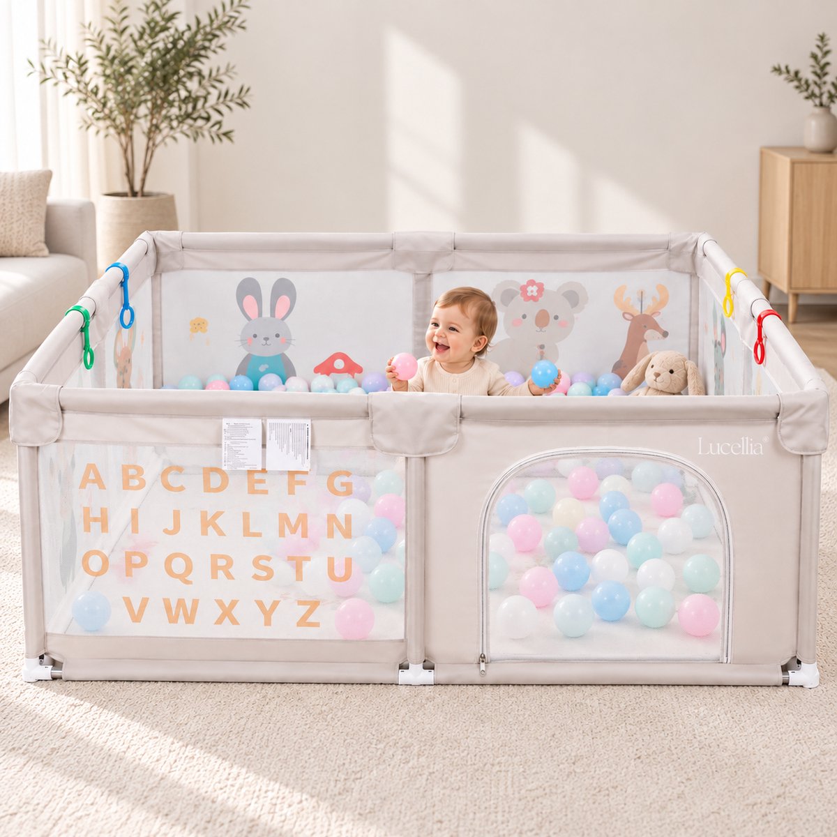 Lucellia® Grondbox Baby - Speelbox & Kruipbox met Dierenprint - Met Speelmat & 30 Ballen - Draagtas - Beige - 120x160x66 cm