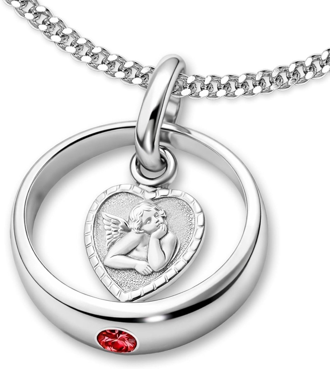 -SET Robijnrood doopring met engelveren en hart en ketting met 36 cm van 925 zilver voor meisjes