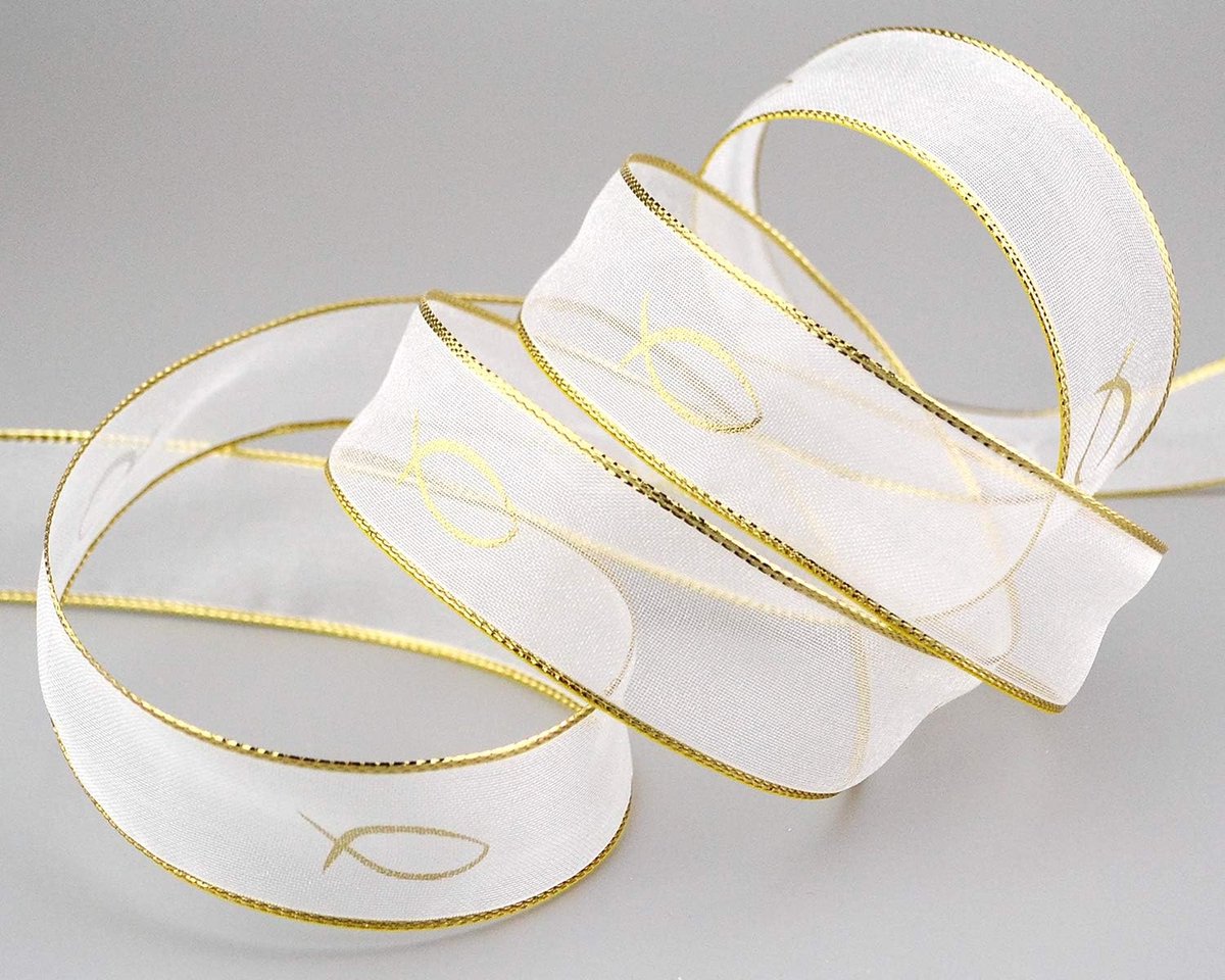 20 m x 25 mm chiffonlint vissen communie vormsel chiffon wit goud decoratielint cadeaulint lint transparant