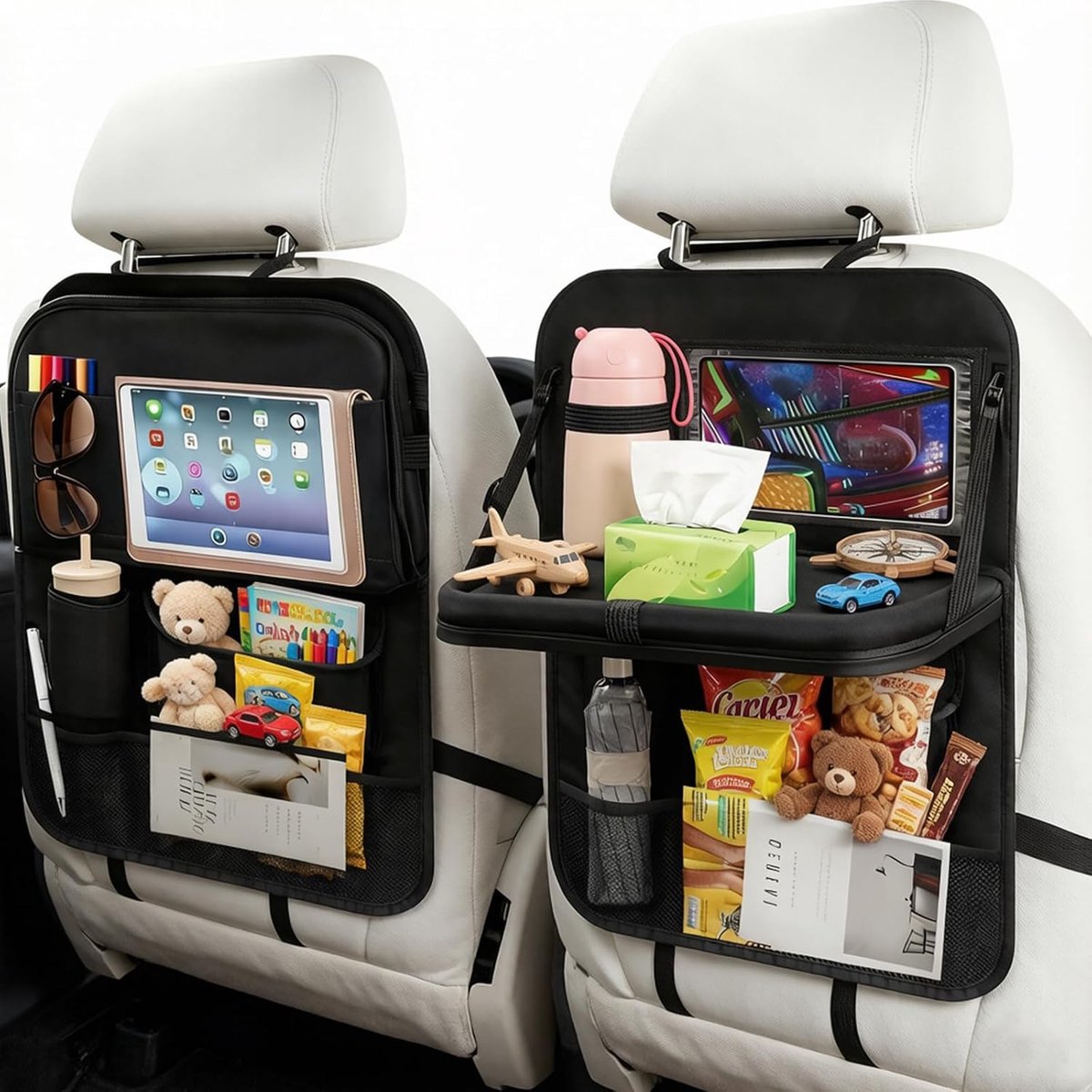 Auto-organizer voor kinderen, 2 stuks autostoelbescherming met inklapbare tafel en transparante tas voor iPad/tablet, organizer voor achterbank, waterdicht, universeel voor het opbergen van de