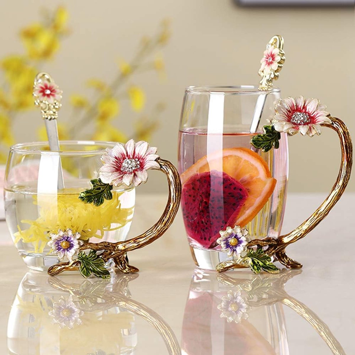 Zonnebloem kristal loodvrije glazen theekop met lepelset, cadeau voor Kerstmis, Valentijnsdag. Beste cadeau voor moeder, oma, vriendin, zus.