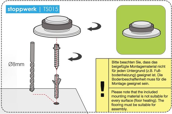Stoppenwerk vloer vloer deurstop rond en plat - deurstop roestvrij staal met rubberen buffer incl. bevestigingsmateriaal voor het vastschroeven aan de vloer - Ø5,3cm H:1,4cm — afbeelding 2