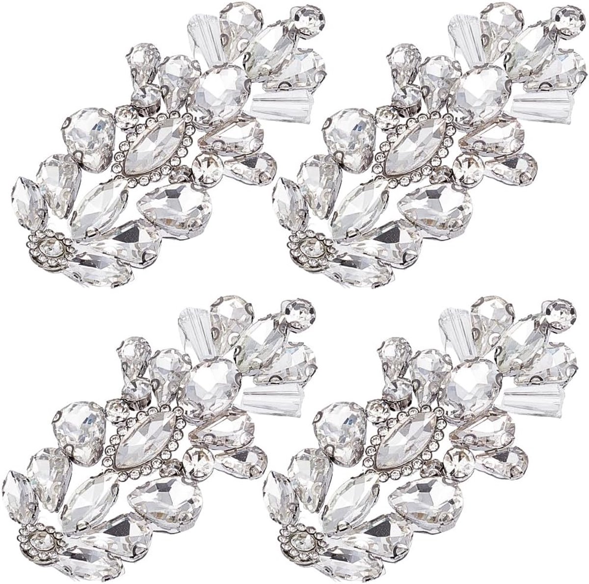 4 Stuks Sliver Strass Applique Patches 3D Glitter Glas Bloemen Kristal Kant Sprankelend Naaien Applicaties Bloem Kralen Patch Voor Naaien Maken Bruiloft Bruidsriem Kostuum Kleding Craft