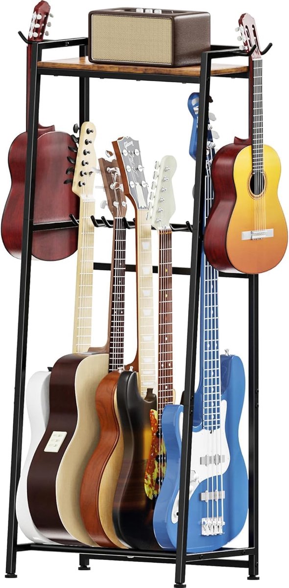 2 verdiepingen gitaarhouder voor 5-7 akoestische gitaar, elektrische gitaar, bas, viool, ukelele, banjo platenspeler standaard, frame gitaaraccessoirestandaard (Zwart + Zwart)