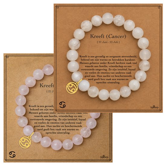 Twee Kreeft sterrenbeeld armbanden van rozenkwarts en maansteen op bijpassende kaarten met de betekenis van het teken.