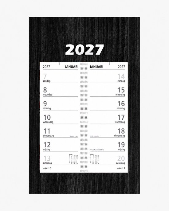 Kalenderpagina voor januari 2027, met weeknummers en dagen van de week. Zwarte achtergrond met houtnerf.