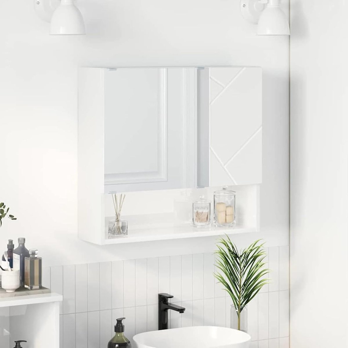 Spiegelkast badkamer - met spiegel en 2 scharnierdeuren, houtmateriaal, 59 x 17 x 55 cm, hoogglans wit