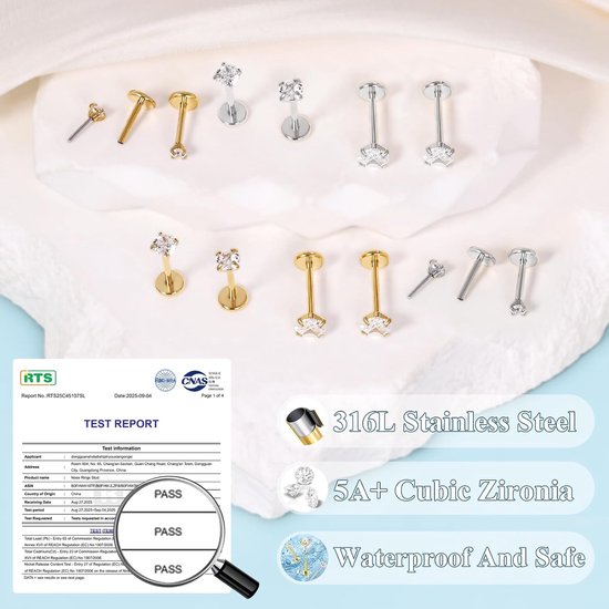 20G Threadless Oorbellen met platte achterkant, gouden tragus labret kraakbeen lip conch helix piercing sieraden hypoallergeen chirurgisch staal push in platte neus oorknopjes voor vrouwen — afbeelding 3