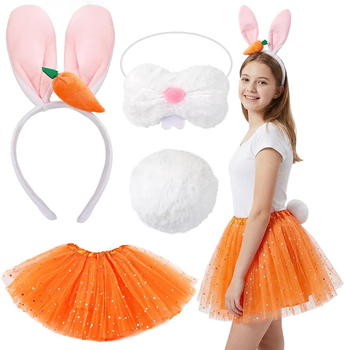 4 stuks paashaaskostuum voor meisjes oranje konijn verkleedoutfit met konijnenoren hoofdband, tutu-rok, konijnenneus, staart, konijn cosplay rekwisiet paasfeestbenodigdheden