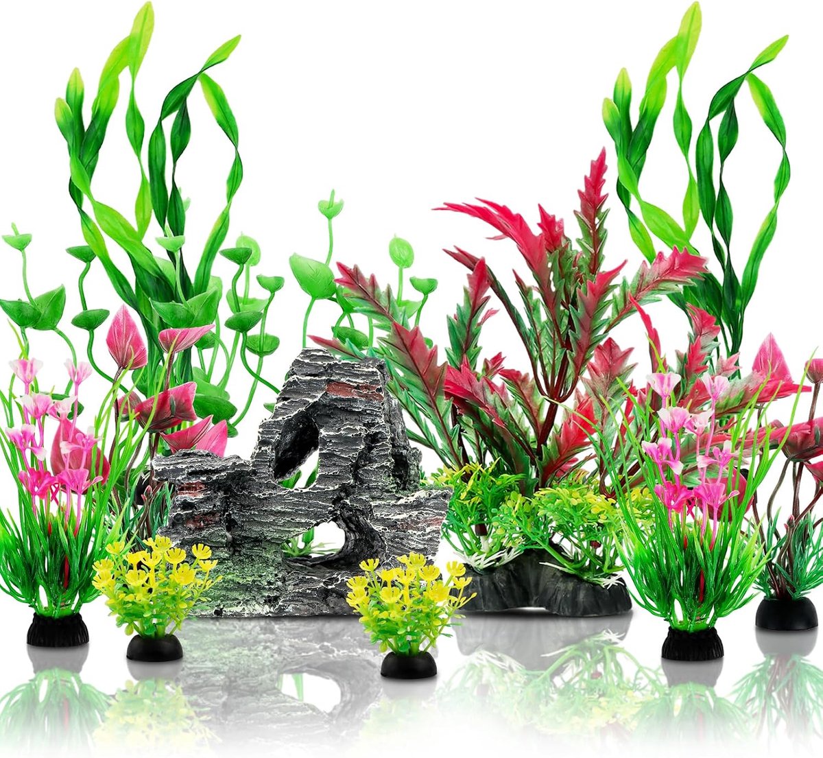 Aquarium accessoires aquariumplanten, 12 stuks kleurrijke aquarium kunstplanten en grot rock decor set, aquarium decoraties planten