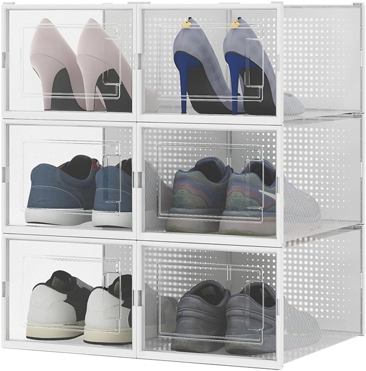 6 x stapelbare schoenendozen met deksels, eenvoudige montage, ruimtebesparend, transparant, opbergdoos, doos met 6 stuks, 35 x 25 x 19 cm