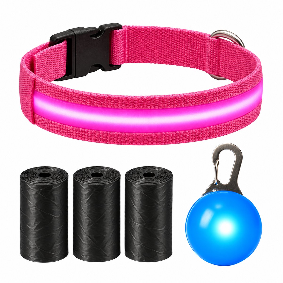 Professor Q LED Halsband Hond - Roze M (37–46 cm) - Blauw LED Lampje + 45 Poepzakjes - Nylon USB Oplaadbaar