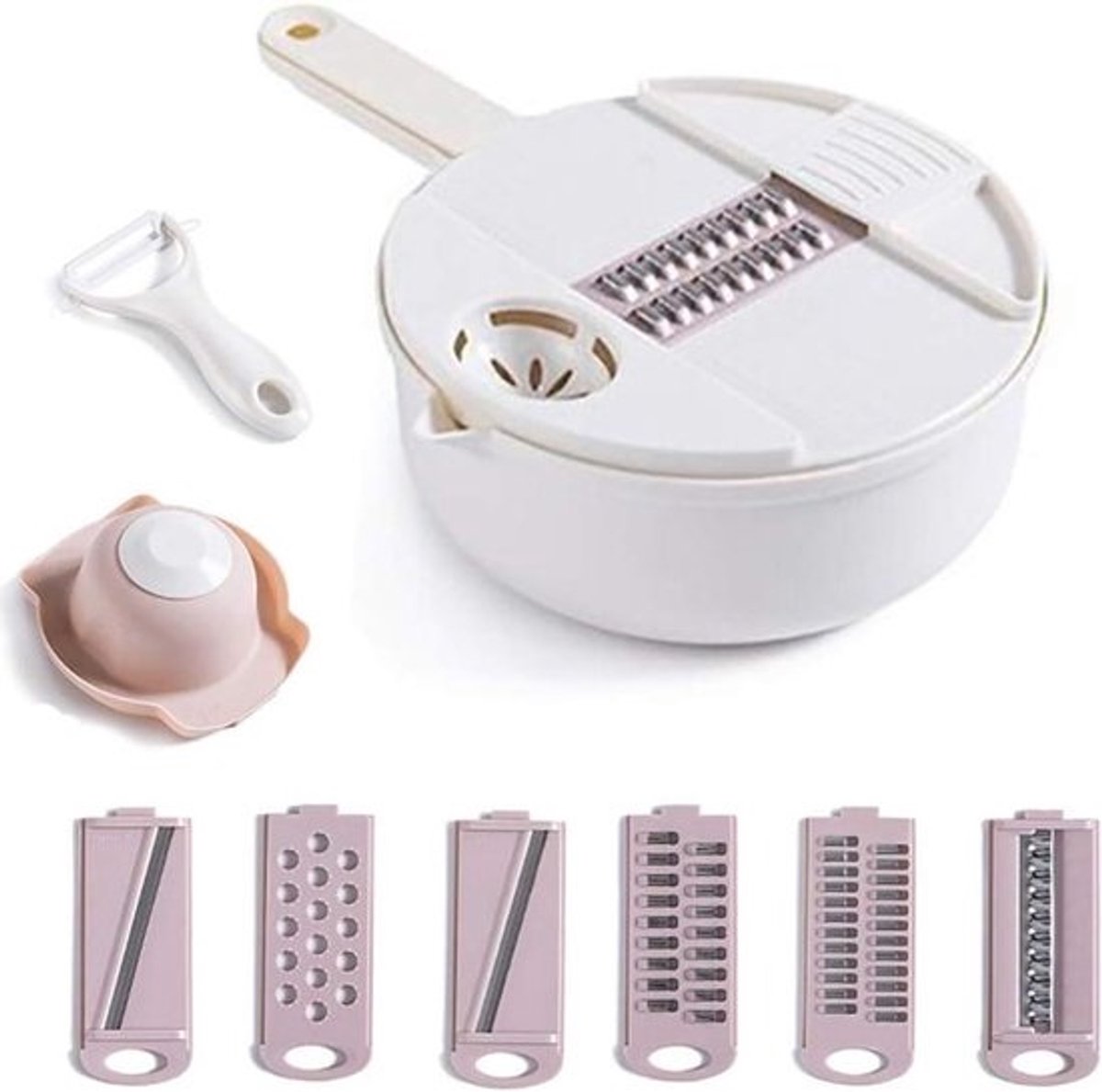 Groentesnijder 12-delig - Keukenmachine - Maaltijden Bereiden - Inclusief Ei Separator - 28x18.5x7.5 cm - Wit Roze