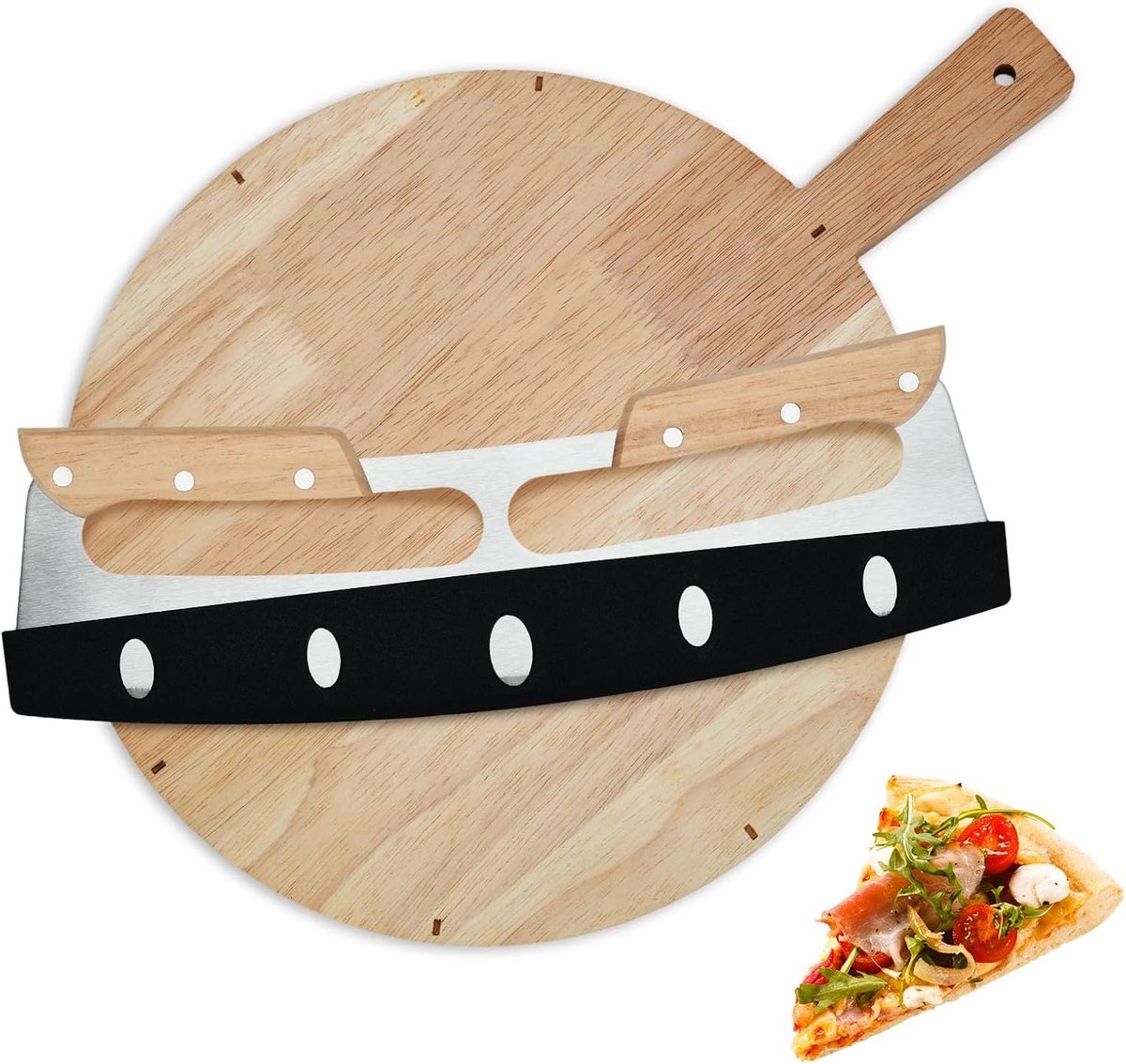 Pizzasnijder en pizzabootset, 33 cm pizzames van roestvrij staal met houten handvat en 30,5 cm pizzasnijplank van hout, pizzaaccessoires voor zelfgemaakte pizza