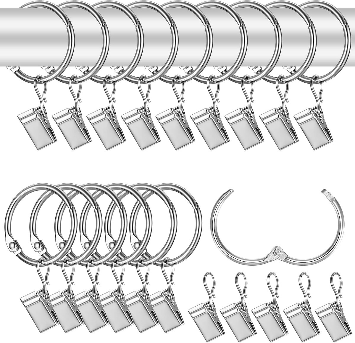 Gordijnringen met Clips, 32mm Metalen Gordijnringen, Gordijnringen met Haak, Douchegordijnringen met Clips, Hangende Gordijnringen voor Raam Douchegordijnen Gordijn Clips, Zilver