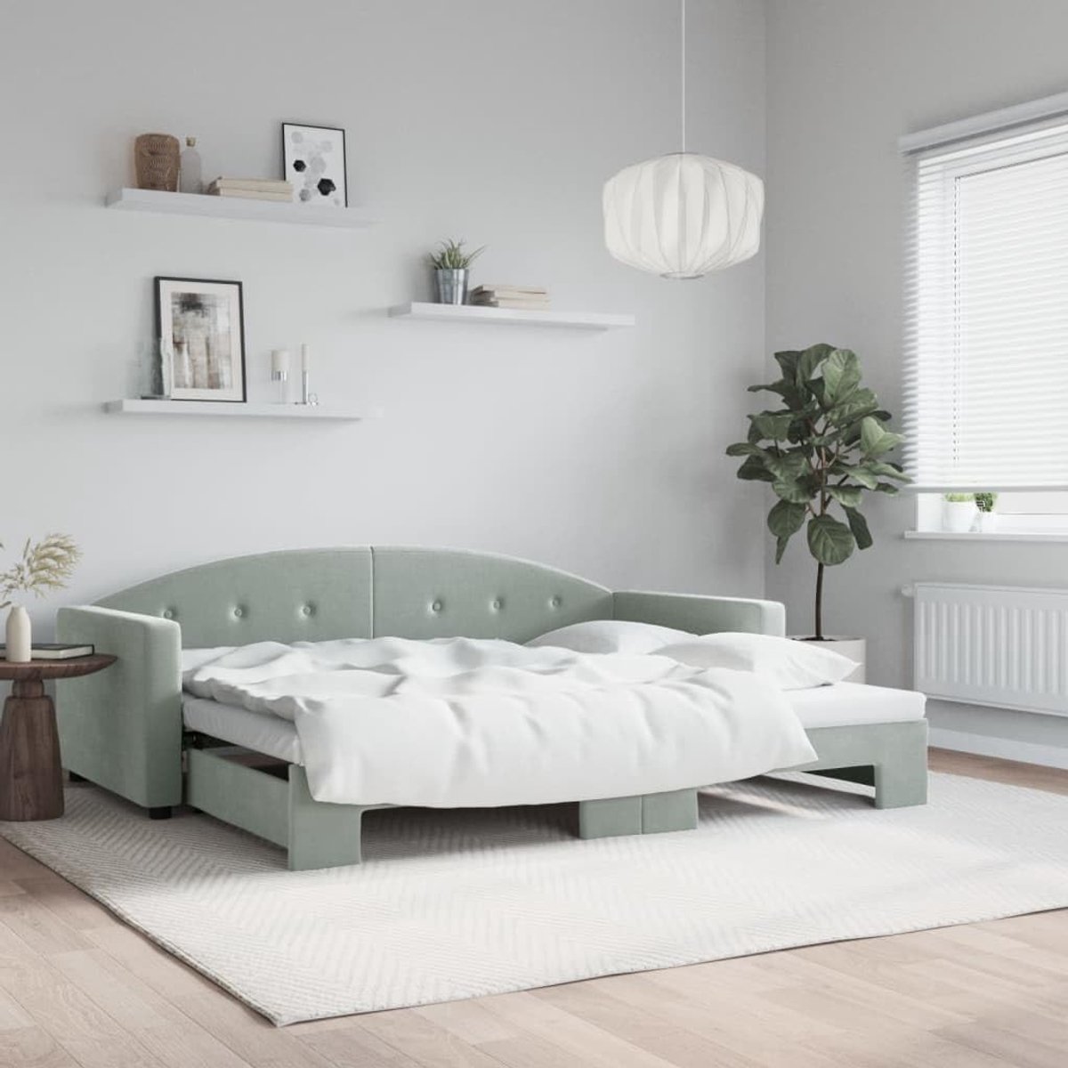 dagbed, 90 x 200 cm, lichtgrijs fluweel, 2-in-1 slaapbank als bank en tweepersoonsbed met rollade, modern design, stabiel houten metalen frame, zachte fluwelen hoes