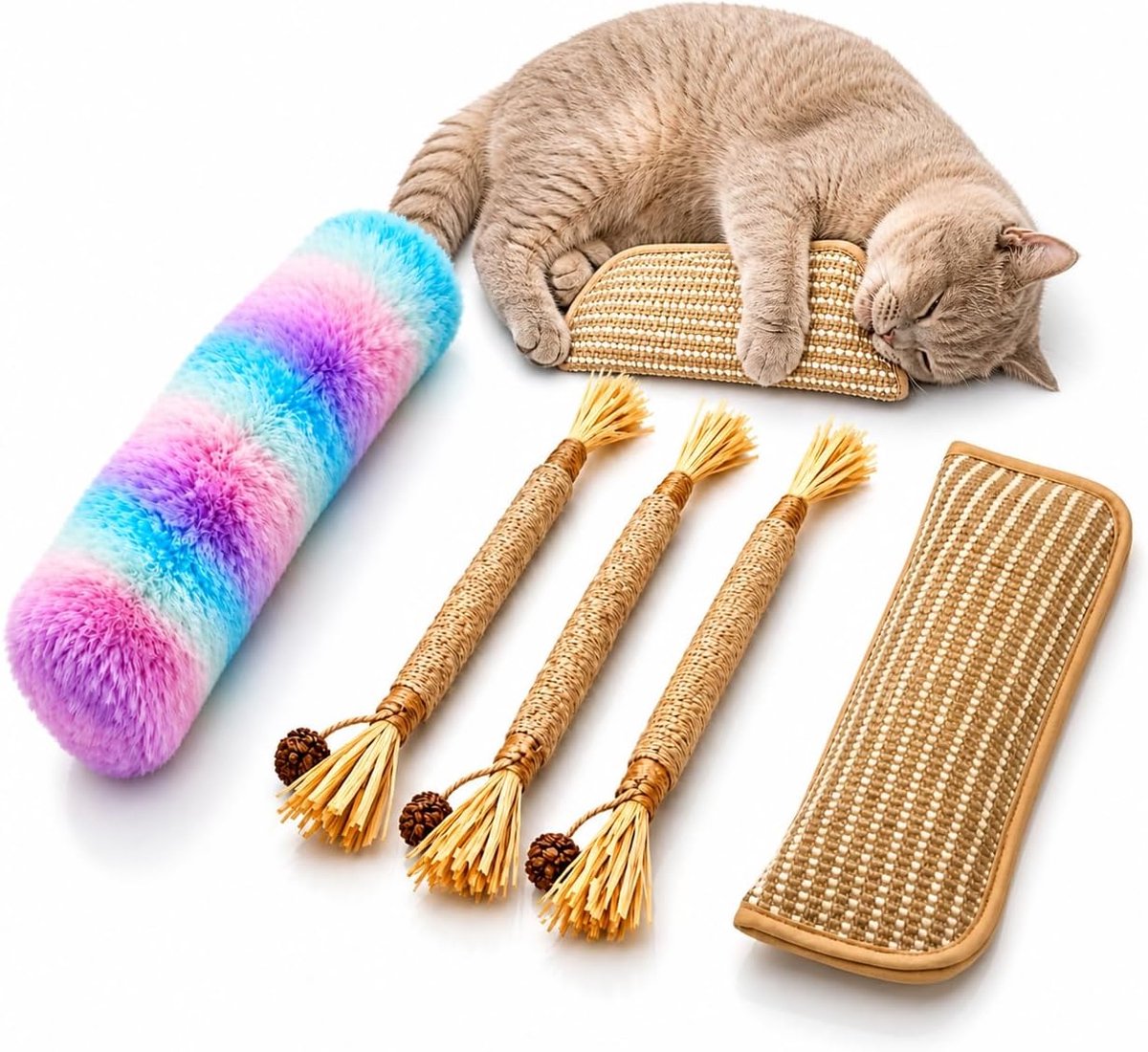 DL Kattenspeelgoed voor binnen, 5 stuks, tandstokjes van natuurlijk sisal + pluche regenboog, krabkussen van kattengras, anti-verveling, tandreiniging
