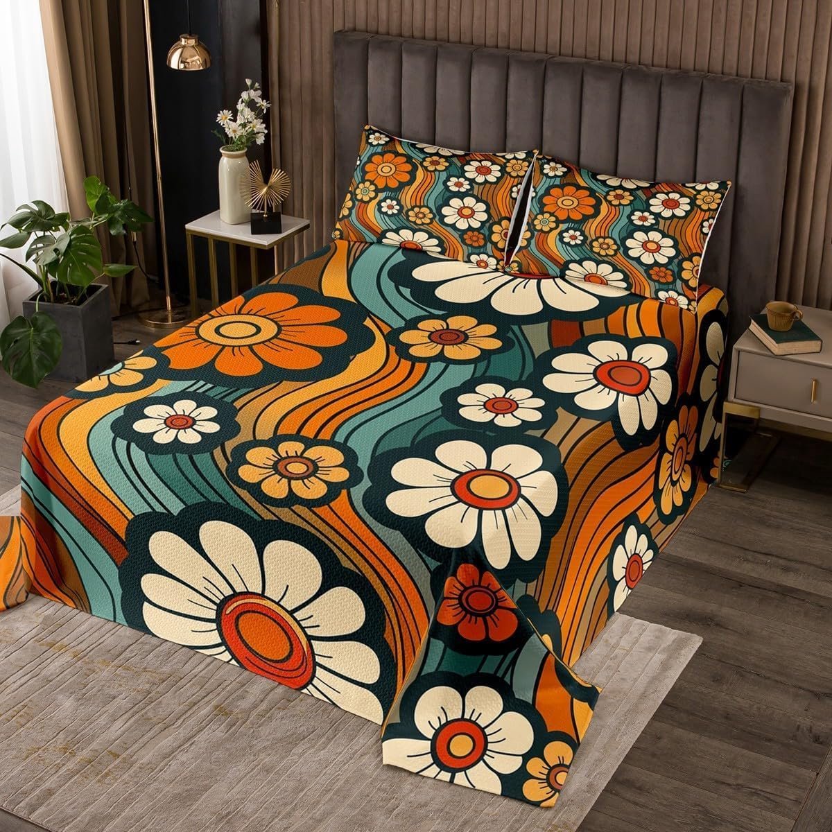 Daisy bloemendekbed met 2 kussenschalen, jaren '70 en 80, vintage bloemen, hippie, psychedelisch coverlet M, regenboog, boho, exotisch beddengoed, quilted