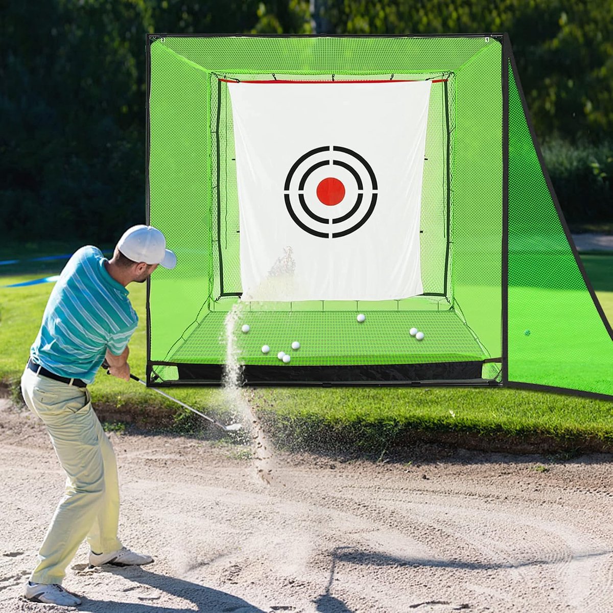 Kooi 210x210x210cm: Golf oefennet met zwaar ijzeren frame, doeldoek en grondharingen voor tuin binnen