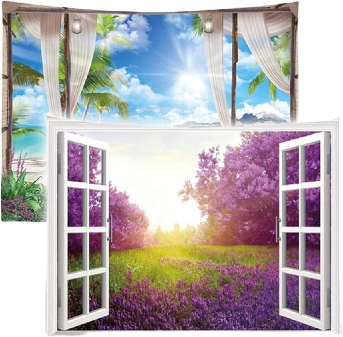 – Wandkleed - Doorkijk Strand Zee Bloemen Lavendel Natuur – 73 cm x 95 cm – Set van 2 designs - Schilderij Wandtapijt Stof – Poster Art – Blauw Wit Lila