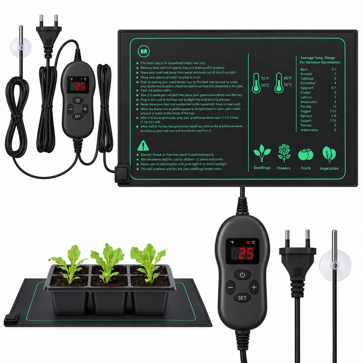Warmtemat planten met thermostaat en NTC-sensor, IP67 waterdicht, gelijkmatige verwarming 52,5 x 25,5 cm