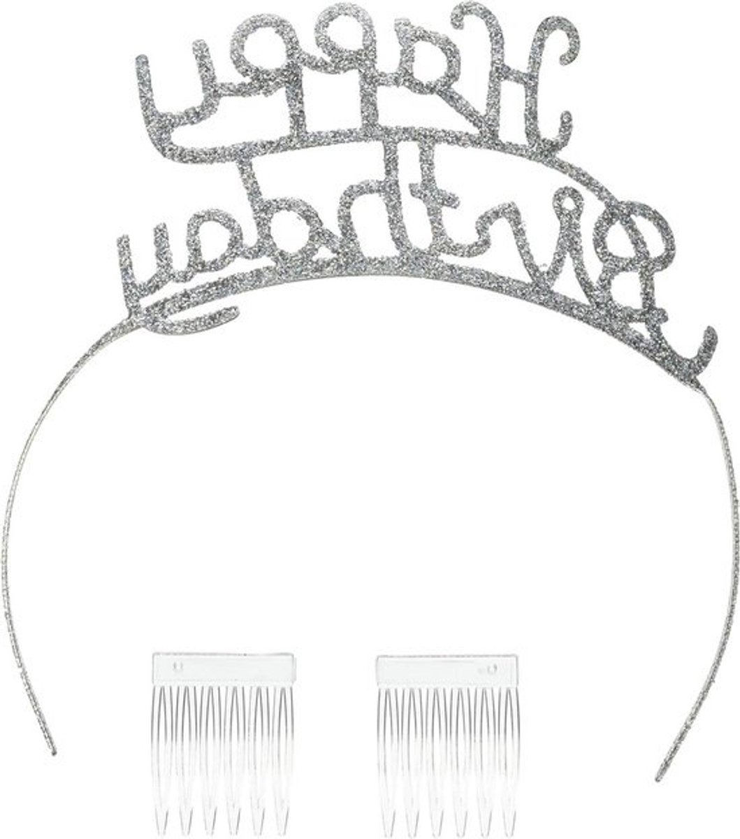 Verjaardag Tiara - Hoofdband Kroon - Feestelijke Viering - Glanzend Metaal - 27 cm - Zilver