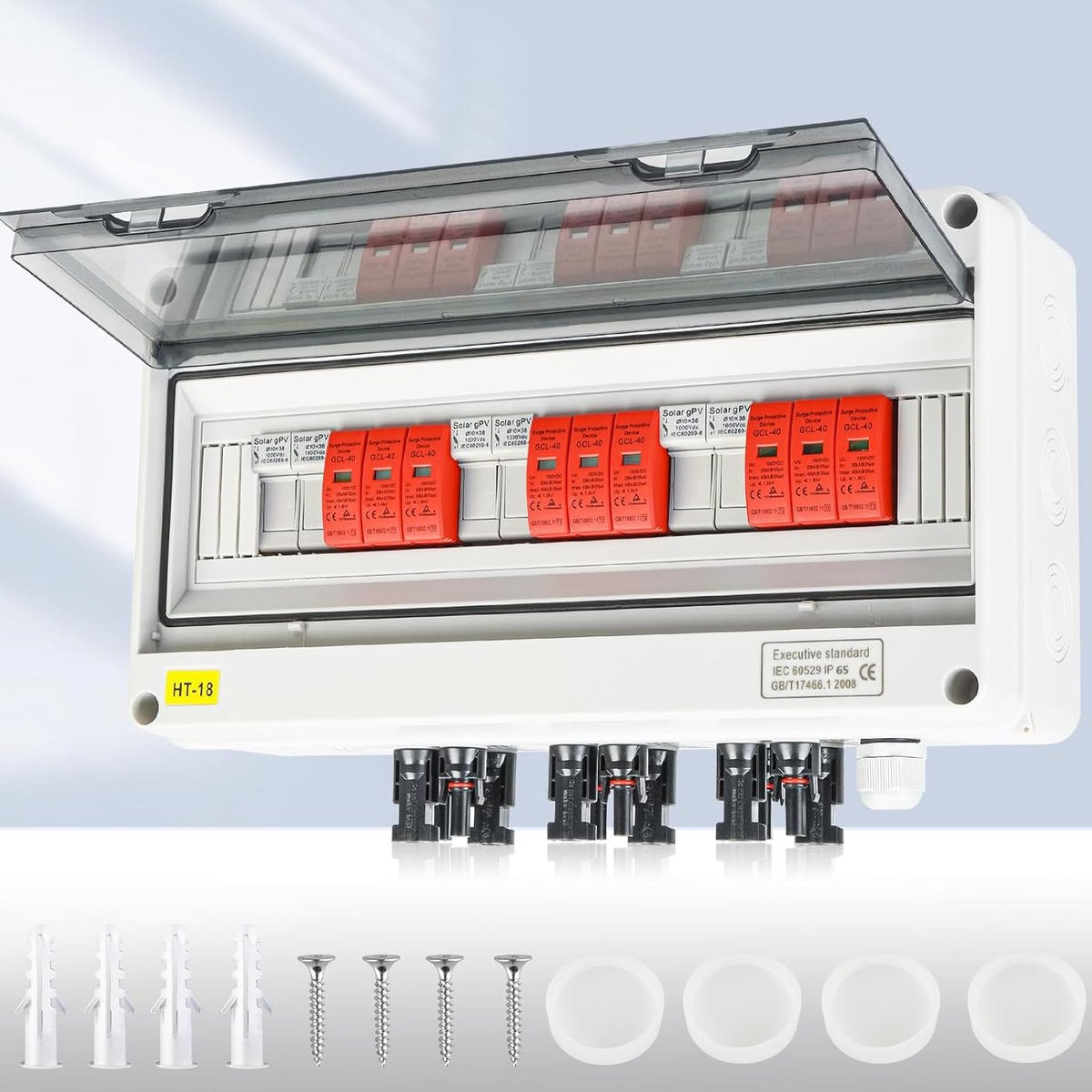 Overspanningsbeveiliging PV DC1000V bliksembeveiliging PV-installatie 20-40KA, zonne-overspanningsbeveiliging 3 strings met 16A-zekering, IP65 waterdicht & UV-bestendig zonne-aansluitkast 3 in