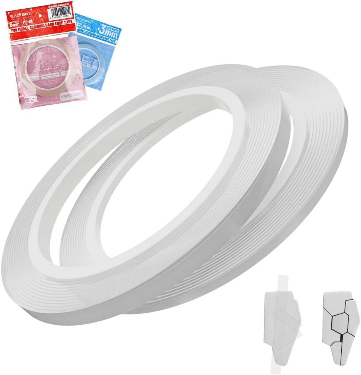 Maskeertape, markeertape, markeerlijn, voor gravures, paneellijnen, hars, schaalmodellen, 3 mm x 33 m + 6 mm x 33 m (2 stuks)