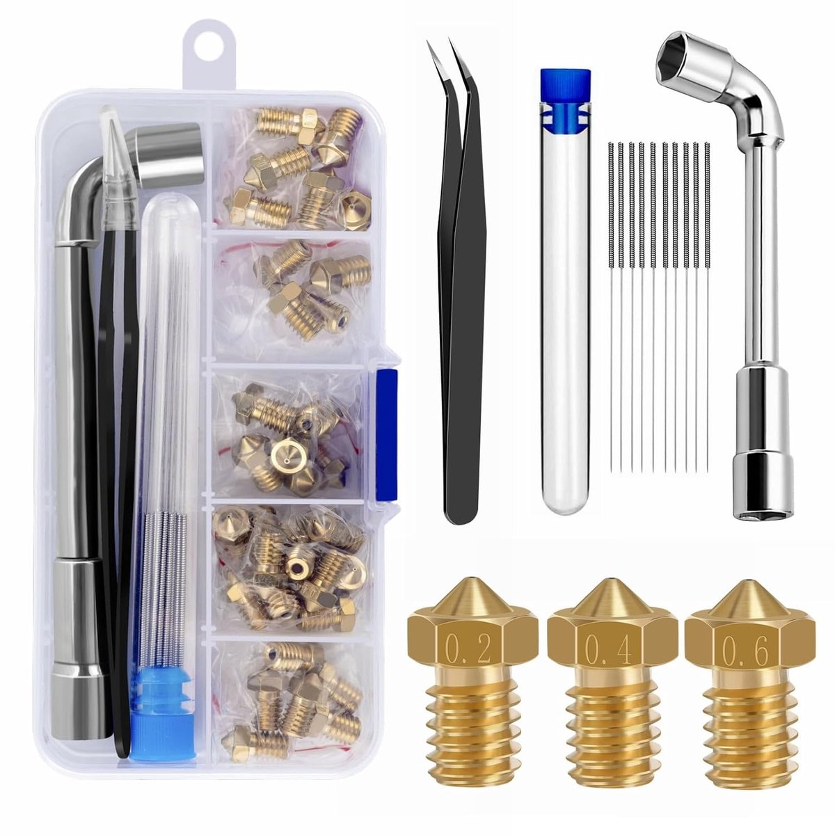3D-printer spuitmonden, 26 stuks (0,4 mm, 0,2 mm, 0,6 mm), messing hotend-sproeiers voor 1,75 mm filament V5-V6, voor Anycubic I3 Mega, Prusa I3 MK3/MK3S, Chiron, Anet A8, CTC