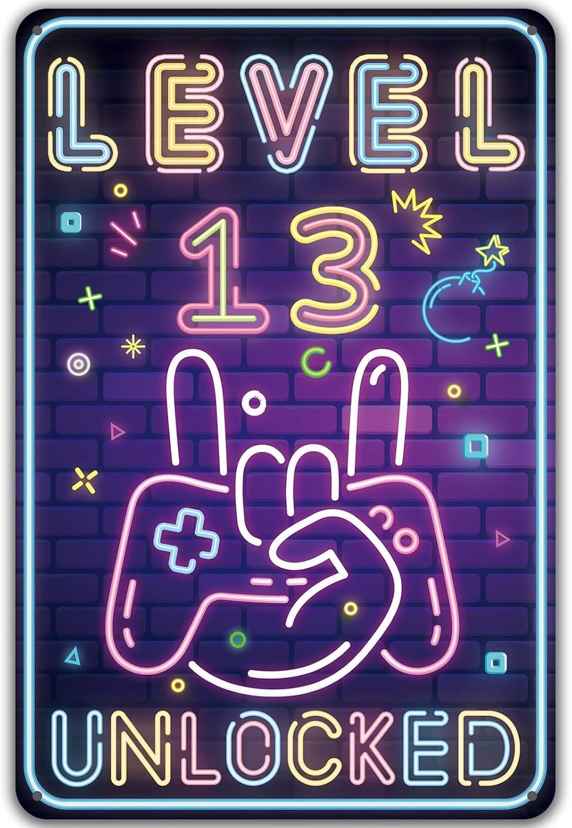bord voor de 13e verjaardag, niveau 13, onlocked deurbord voor kinderkamer, 13 jaar verjaardagsdecoratie, grappig verjaardagsbord 13, gamer-verjaardagskaart 13, metalen bord, cadeau voor