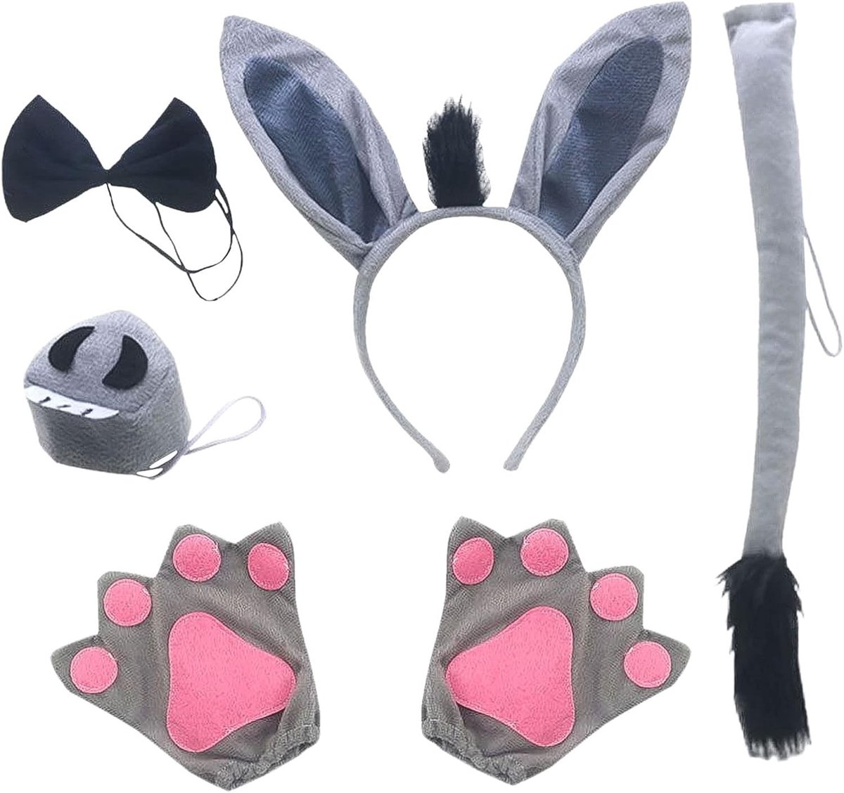 6-delige Ezel Kostuum Accessoire Set met Oren, Handschoenen, Strik, Staart en Neus voor Halloween, Verkleedfeest en Cosplay voor Volwassenen en Kinderen