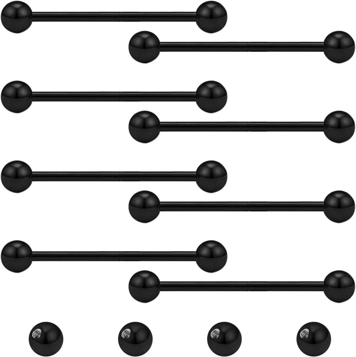 8 stuks tongtepelstangen en 4 stuks vervangende ballen 14G roestvrij staal metalen rechte barbell piercing sieraden zilver zwart 8/10/12/14/16/18/20mm