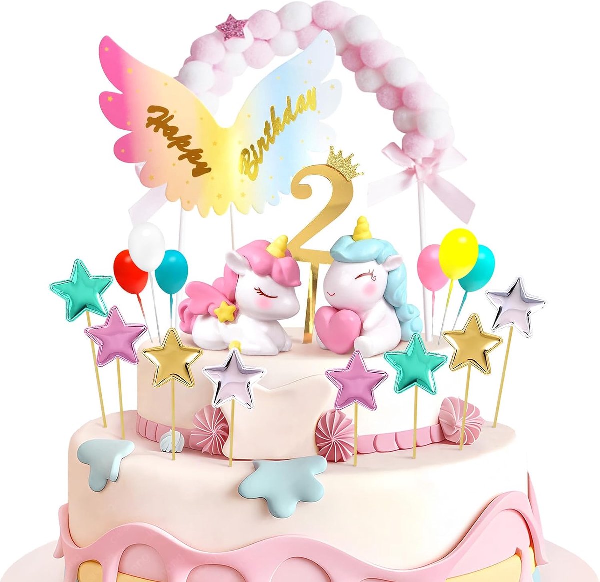 Taartdecoratie 2 Jaar, 14 Stuk, 2e Verjaardag Meisjes & Jongens, Roze & Blauwe Eenhoorn, Verjaardagsvleugels, Kleurige Ballen & Pentagram, Nummer 2, Taarttopper, Verjaardagsdecoratie