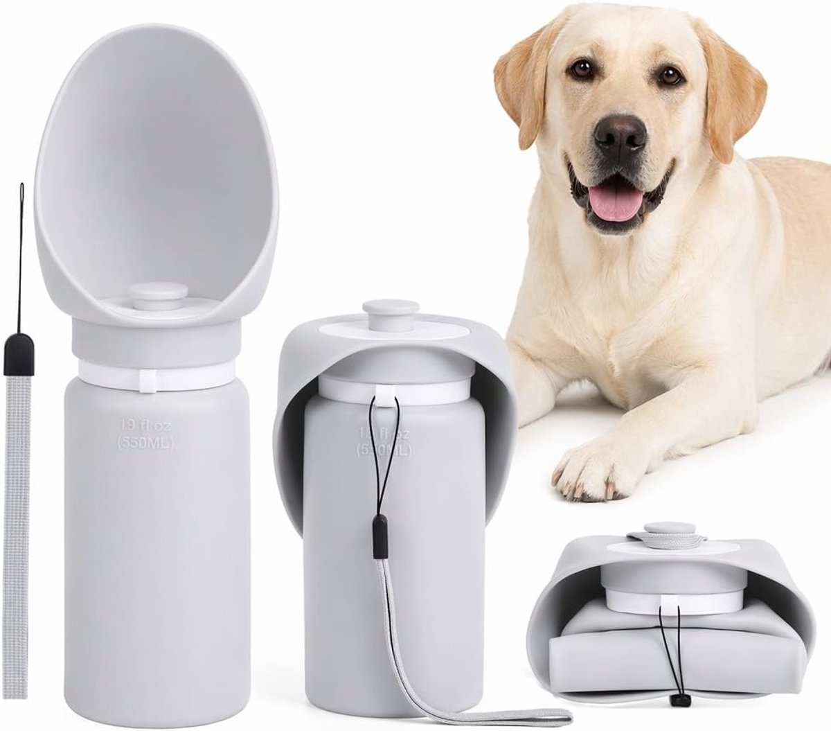 Opvouwbaar, 550 ml, draagbare drinkfles voor honden, van voedselveilige siliconen, lekvrije waterbak voor onderweg, wandelen en reizen (grijs)