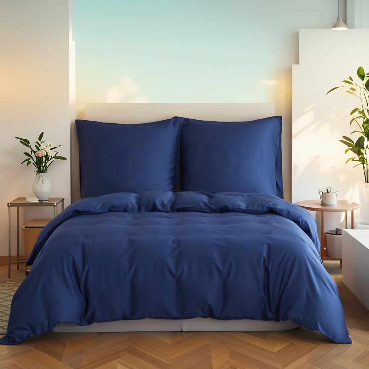 Bamboe Beddengoed, 135 x 200 cm, zijdeachtig en zacht dekbedovertrek, koel beddengoedset, perfect voor huid en haar, met kussenslopen, donkerblauw