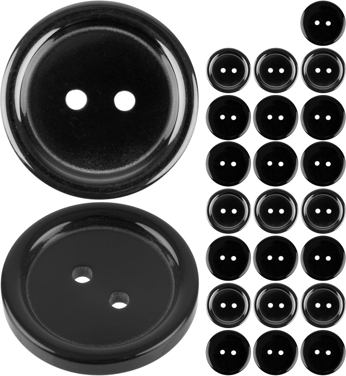 Knopen voor kleding, 24 stuks, 2 gaten, Ø 25,4 mm, in zwart, van polyester, maat 40L, harsknopen voor jas, mantel, hemd, poloshirt, doe-het-zelf knoop kunsthars, wasknopen, basisknopen, knutselknopen