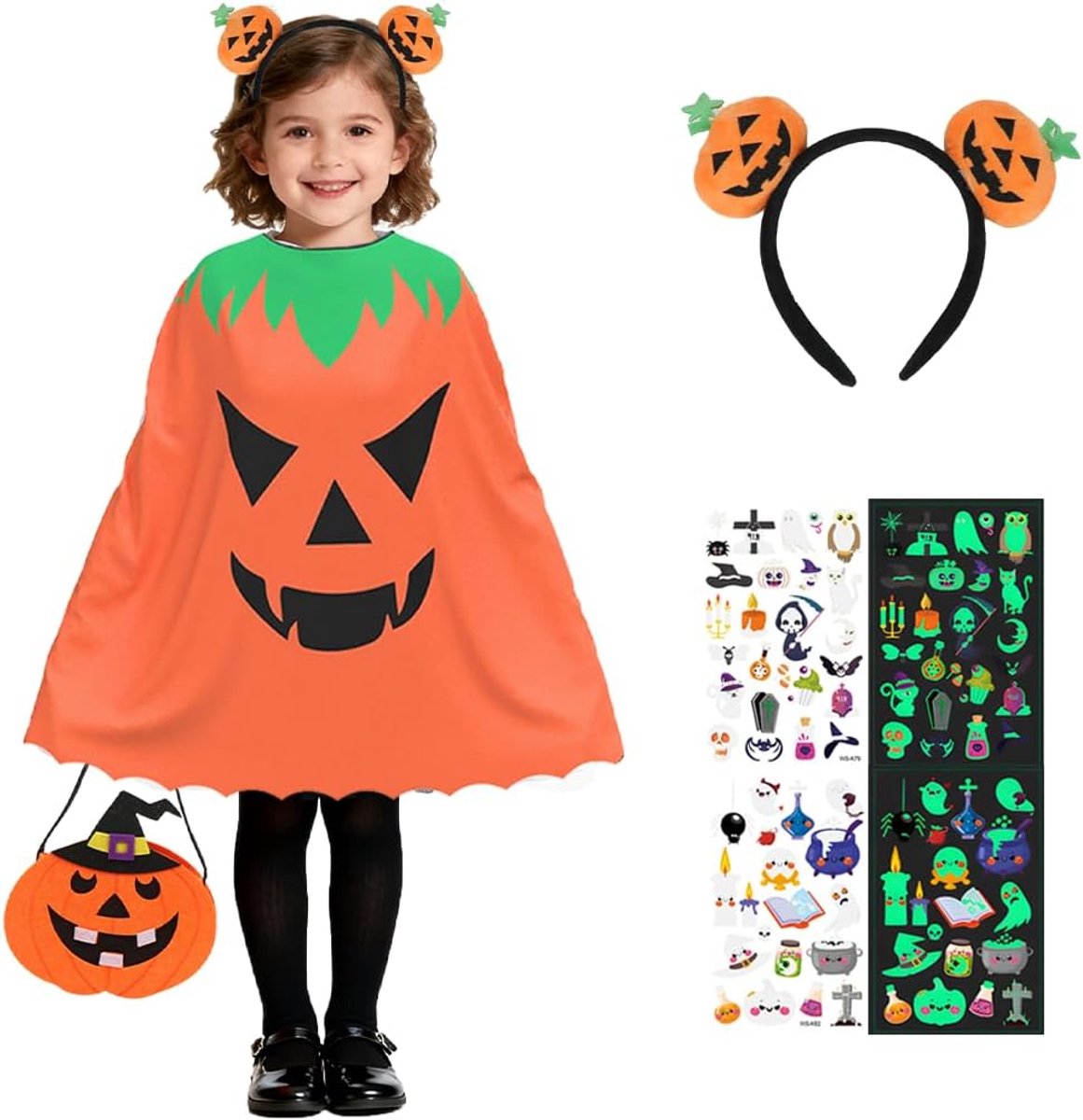 Spookkostuum met oranje pompoenzakken, uniseks met verlichting, Halloween-cape voor meisjes, jongens, feestjes, carnaval, Halloween, themafeest