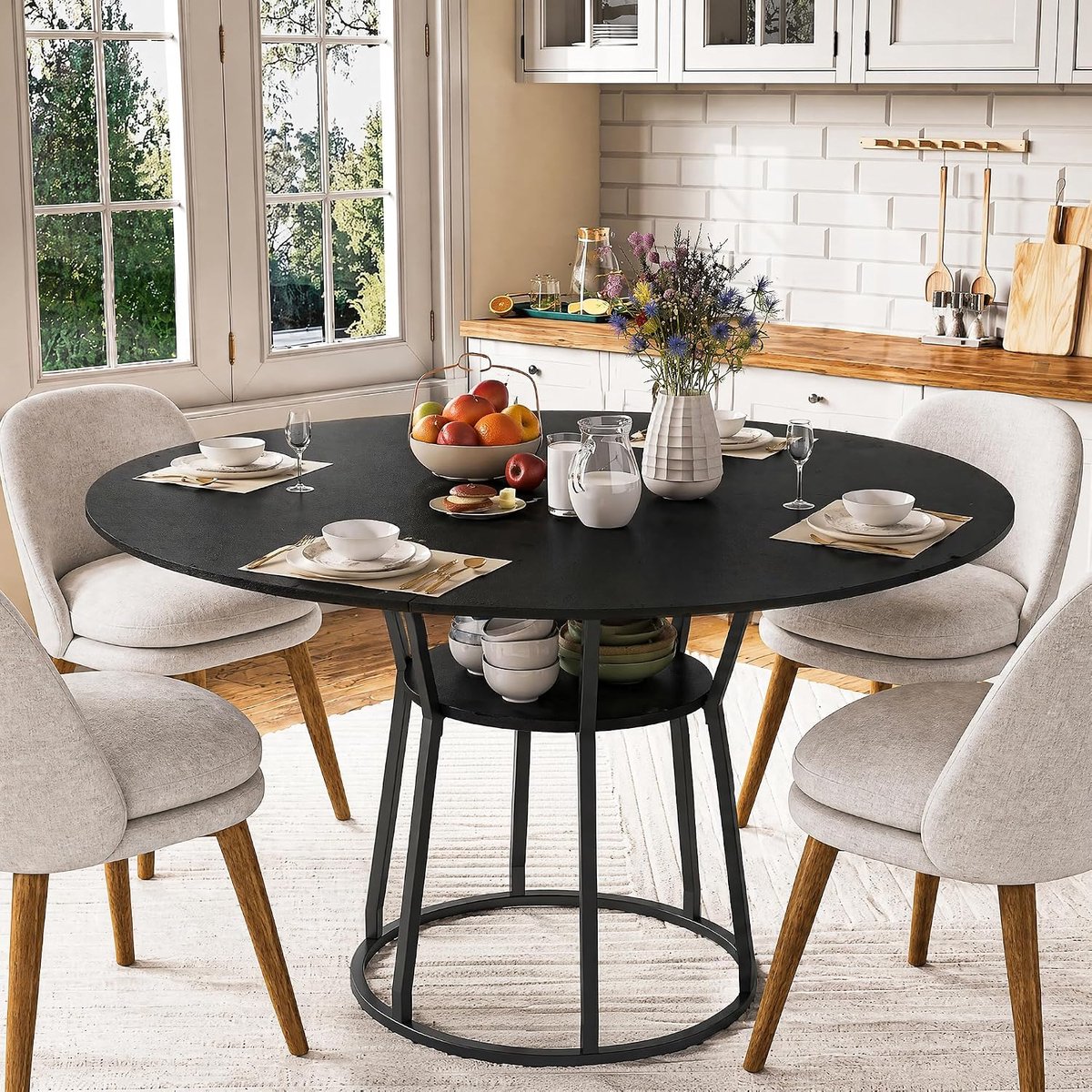 Eettafel voor 4-6 personen, hout, 120 cm, ronde keukentafel, eettafel met 1 open planken, voor eetkamer, keuken, woonkamer, zwart