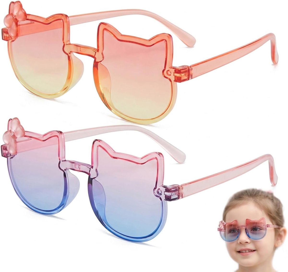 Zonnebrillen voor meisjes in kattenvorm, UV400-bescherming, zonnebril voor meisjes van 3-10 jaar, voor zee en feesten, licht en kleurrijk montuur (oranje-geel, roze-blauw)