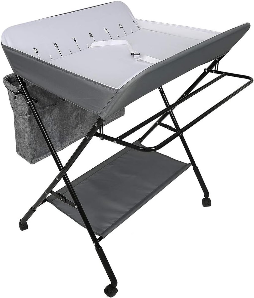 Opvouwbare en draagbare luiertafel, inklapbaar, babykamer, in hoogte verstelbaar, commode en badkuip 2-in-1 voor baby's, vanaf de geboorte tot 12 maanden (grijs-wit)