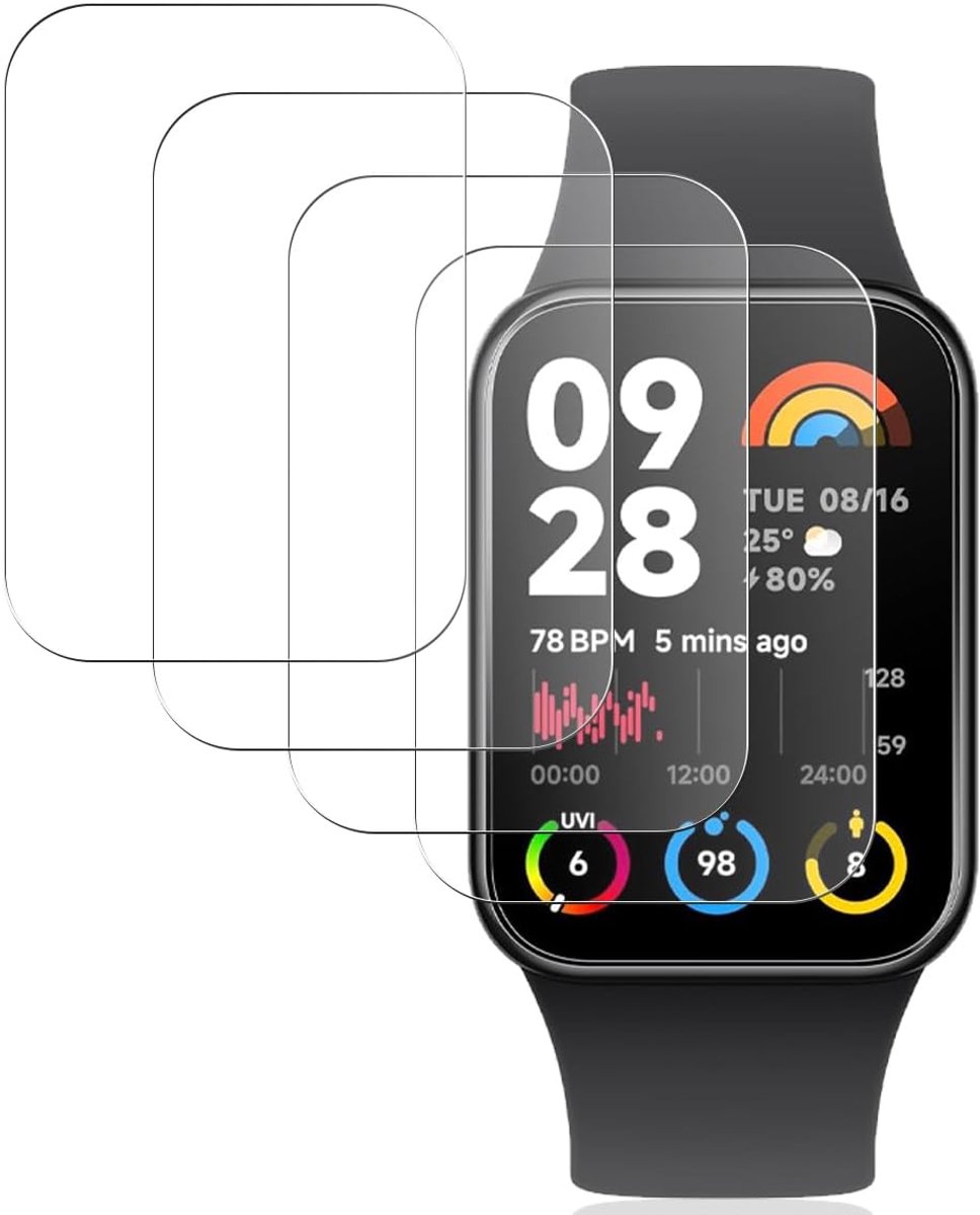 4 stuks beschermfolie compatibel met Xiaomi Smart Band 8 Pro, pantserbescherming, glas, 9H hardheid, krasbestendige folie, HD-displaybescherming, ultra-heldere pantserfolie voor Xiaomi Smart